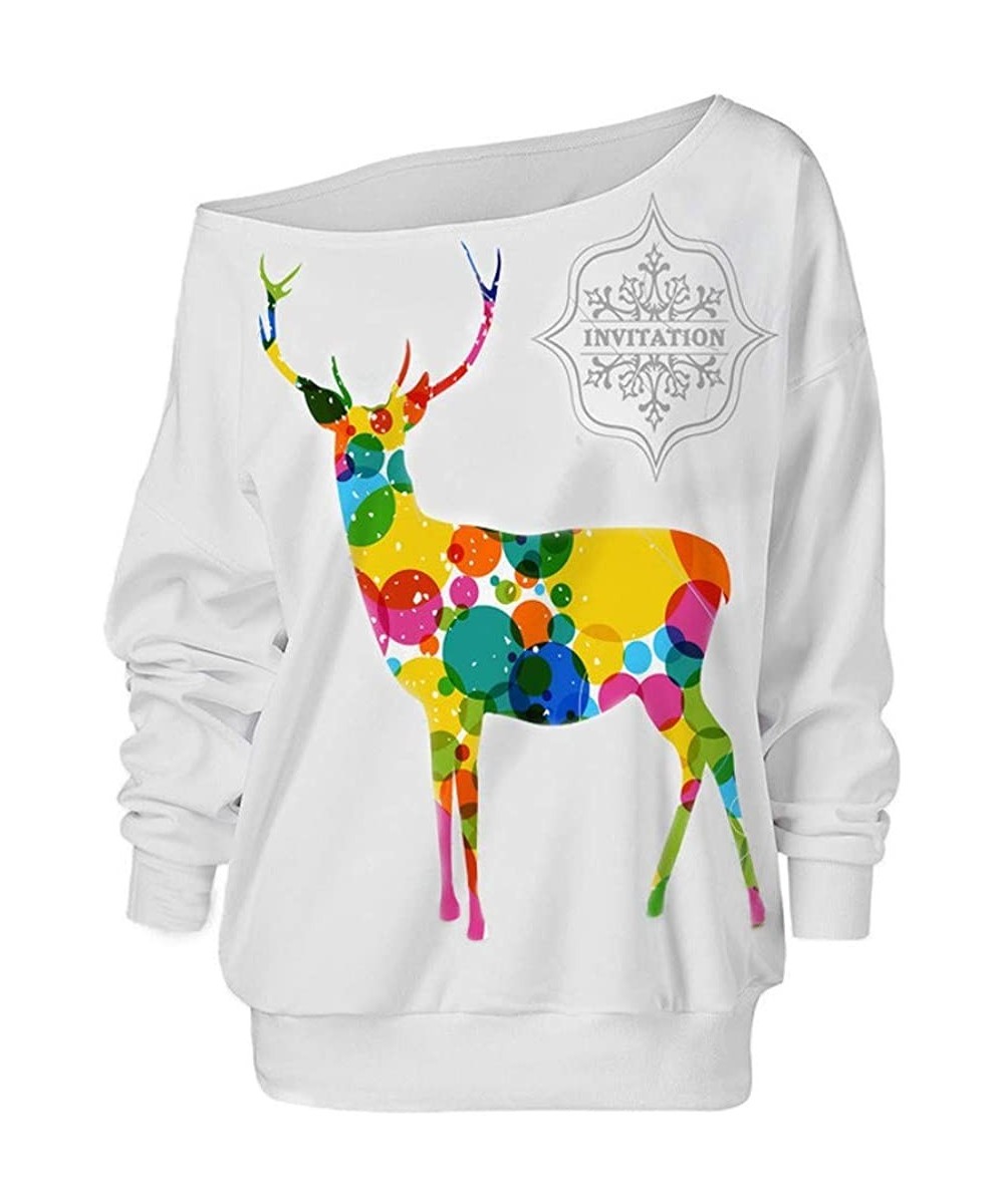 Thermal Underwear Women's Off-Shoulder Sweatshirt Pullover Christmas Elk Print Loose Long Sleeve Jumper Top - Yellow - CV18ZE...