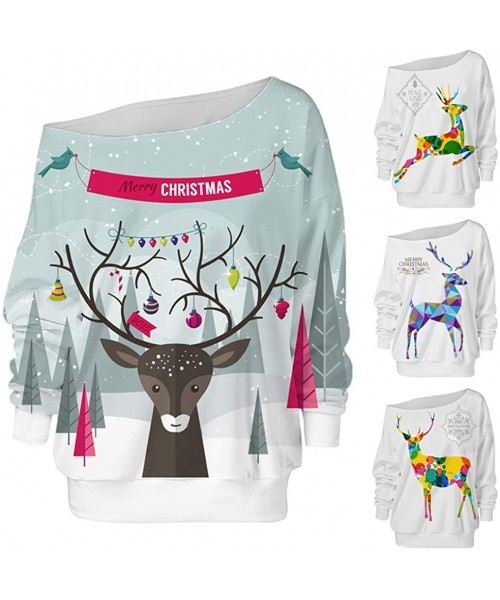 Thermal Underwear Women's Off-Shoulder Sweatshirt Pullover Christmas Elk Print Loose Long Sleeve Jumper Top - Yellow - CV18ZE...