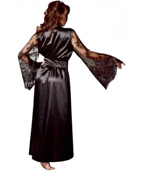 Nightgowns & Sleepshirts Women Sexy Silk Nightgown Dress- Lace Transparent Sleeve V Neck Tie Waist Satin Kimono Robe Dress - ...