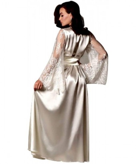 Nightgowns & Sleepshirts Women Sexy Silk Nightgown Dress- Lace Transparent Sleeve V Neck Tie Waist Satin Kimono Robe Dress - ...