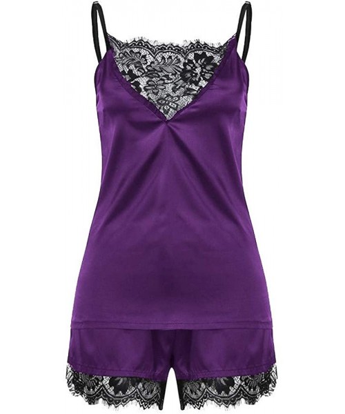 Sets Women's V-neck Lace Trim Lingerie Camisole Tops and Shorts Sexy Pajama Sets Sleepwear Nightwear - Purple - C21992LHC5M