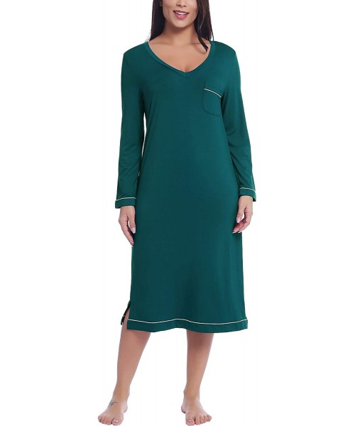 Nightgowns & Sleepshirts Womens Soft Bamboo Long Sleeve V-Neck Nightgown Night Shirt Sleep Dress - Green - C418ZKT4MR4