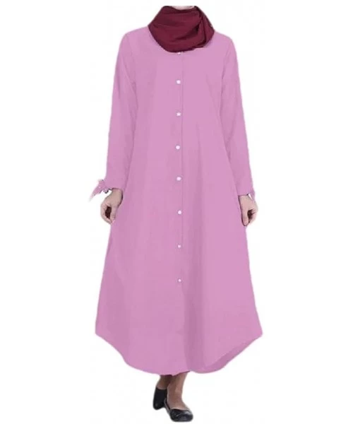 Robes Women's Islamic Solid Color Button Solid Colored Muslim Kaftan Dresses - Purple - CT1908GE8QU