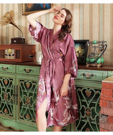 Robes Women's Robe Long Kimono Bathrobe 3/4 Sleeve V-Neck Nightgown - Fuschia - CA199UNZU4H