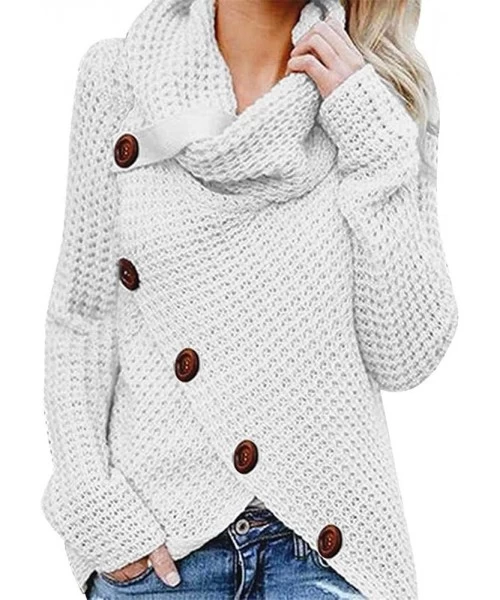 Bras Women's Casual Button Cowl Neck Asymmetric Hem Wrap Pullover Chunky Button Knit Sweater - White - CO18Y0M3NKZ