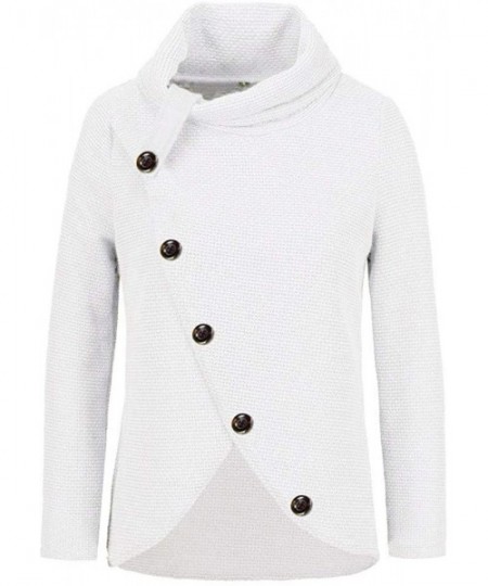Bras Women's Casual Button Cowl Neck Asymmetric Hem Wrap Pullover Chunky Button Knit Sweater - White - CO18Y0M3NKZ