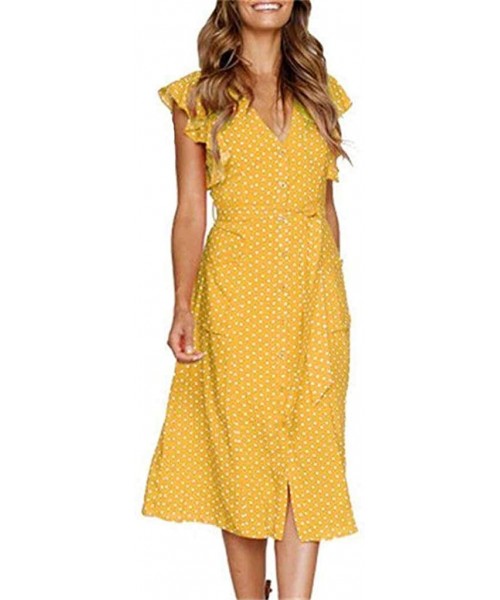 Robes Sexy Sundress- Womens Boho Polka-dot Sleeveless Irregular Cocktail Midi Dress - Yellow - CW18STWHQW7