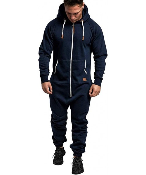 Sleep Sets Men's Solid Color Onesie Jumpsuit One Piece Non Footed Hooded Pajama Playsuit - Navy - CT1920NW7KH