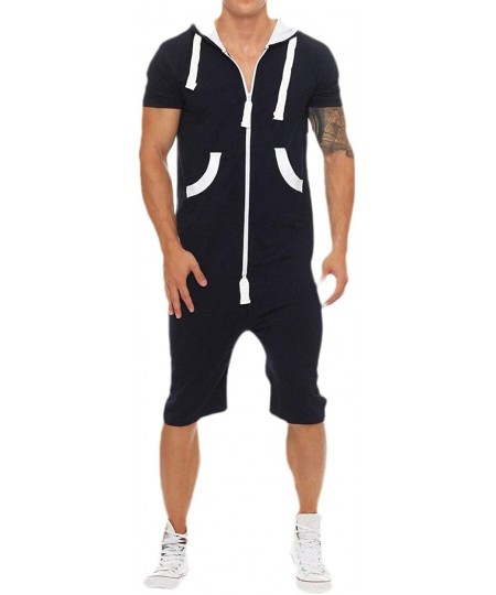 Sleep Sets Men's Comfy Pajama One Piece Non Footed Rompers Hood Camouflage Printed Playsuit - Navy Blue - CR18WIWTT9S