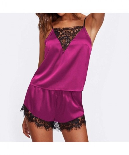 Sets Womens Pajamas Set- Sexy Lace Satin Cami Lingerie+ Shorts Sleepwear Nightwear - Wine Red C - C4193ZCW9KC
