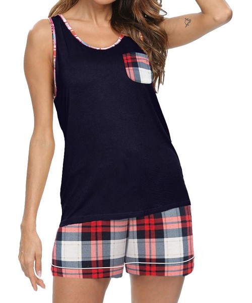 Sets Pajama Sets Women Cotton Top Sleepwear- Short Plaid Bottoms Nightgowns - Navy Blue - CU19832Q4W3