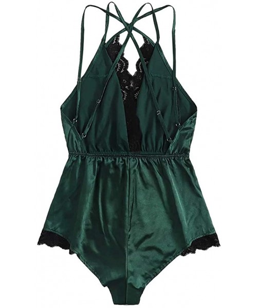 Robes Sexy Bodysuit Jumpsuit Lace Satin Silk Sleepwear Sexy One-piece Lingerie Casual Underwear - Green - CU197M65M4A