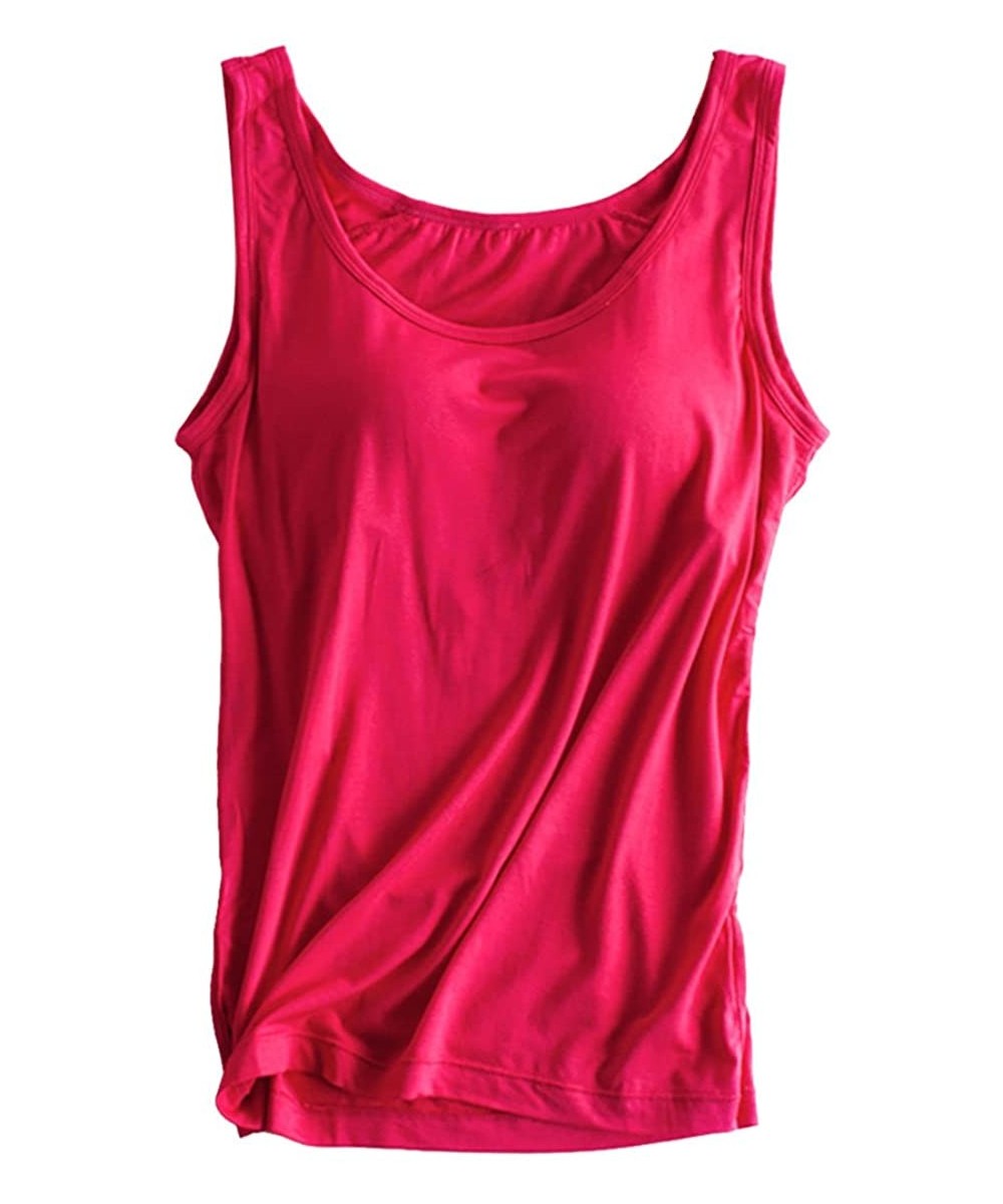 Camisoles & Tanks Women's Padded Built-in-Bra Tanks Tops Crewneck Casual Slim-Fit Shirts Tee - Rose Red - CX19DHS4SC5
