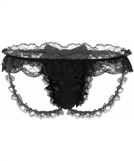 Briefs Mens Shiny Stain Bulge Pouch Low Rise Lingerie Frilly Ruffled Lace Bikini Briefs Underwear - Black - C1194IAE0SO