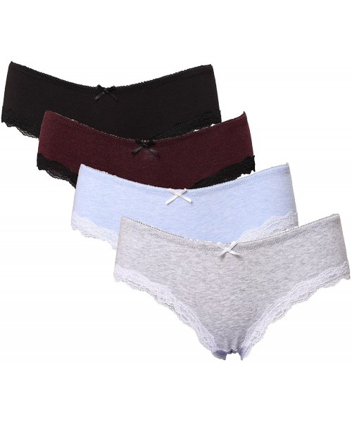 Panties Women Cotton Hipster Panties Lace Trim Underwear Stretch Briefs 4 Pack - Black/Wine/Light Blue/Light Gray - C618Z9926H5