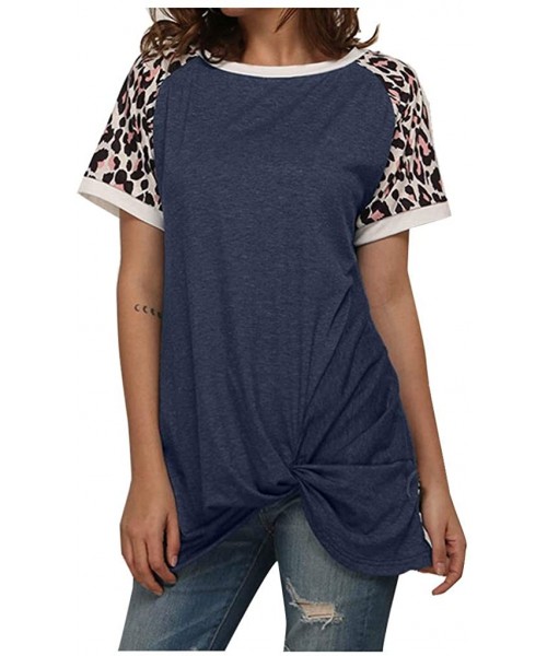Thermal Underwear 2020 Womens Leopard Print T Shirts Stripe Twist Knot Tunic Tops Short Sleeve Casual Blouses - L-blue - CF19...
