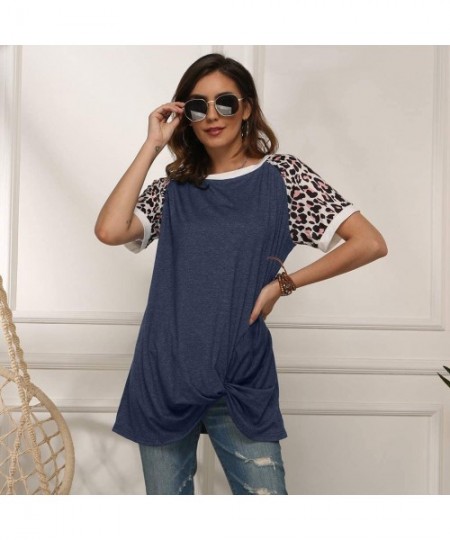 Thermal Underwear 2020 Womens Leopard Print T Shirts Stripe Twist Knot Tunic Tops Short Sleeve Casual Blouses - L-blue - CF19...