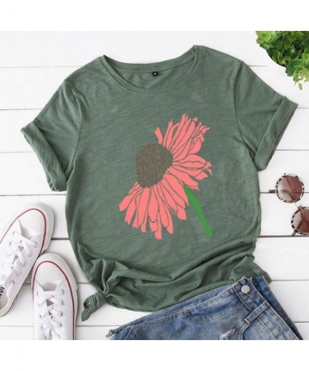 Tops Womens Cute Graphic T Shirts Loose O Neck Funny Floral Print Tees Casual Cotton Short Sleeve Top Blouse Army Green - CE1...