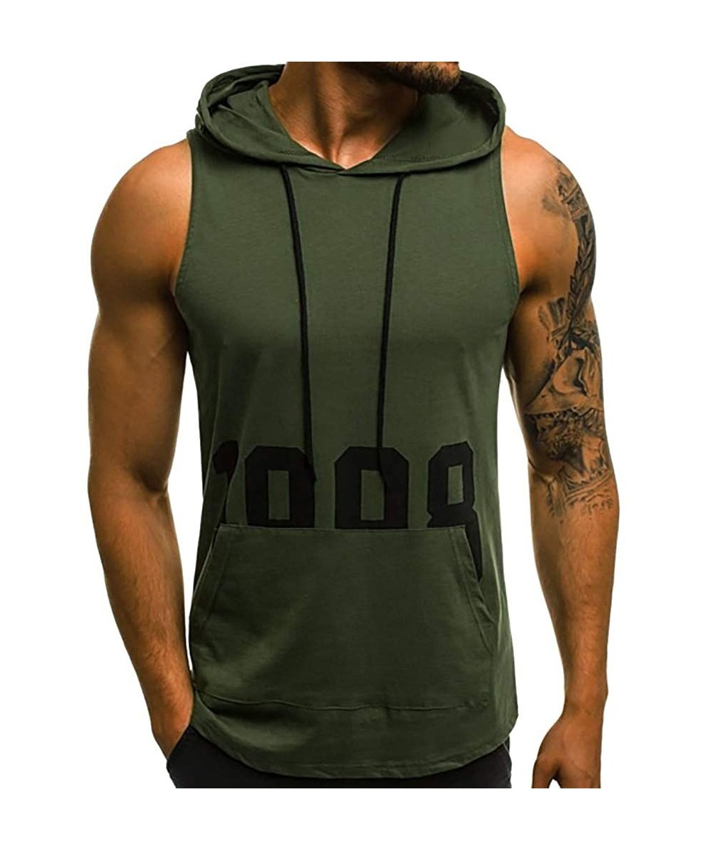 Sleep Sets Men's Workout Hooded Tank Tops Bodybuilding Muscle Cut Off T Shirt Sleeveless Gym Hoodies - Army Green B - CL194EA...