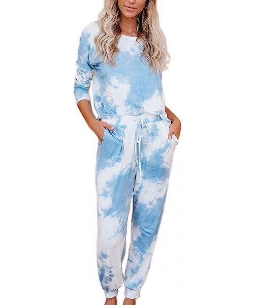 Bottoms Tie Dye Loungewear for Women- Long Sleeve Tops and Shorts 2 Piece Pajamas Set Sleepwear - J Sky Blue - CF19DNSAHR4
