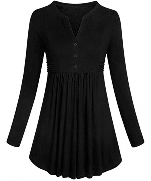 Thermal Underwear Women Long Sleeve Blouse Pleated Button Shirt Flare Bottom Hem Tunic Tops - Black - CG18HHAXROO