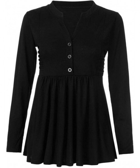 Thermal Underwear Women Long Sleeve Blouse Pleated Button Shirt Flare Bottom Hem Tunic Tops - Black - CG18HHAXROO