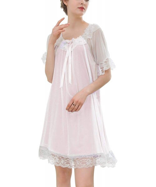 Nightgowns & Sleepshirts Women's Petite Long Victorian Nightgown Lace Vintage Short Sleeve Modal Sleep Dress - Pink - CC18SU9...