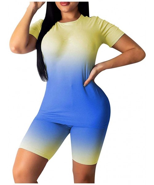 Sets Women's Tie-Dye V-Neck Tracksuit Short-Sleeved Tops Sports Yoga Shorts Suit - B-blue - C7190734S8W
