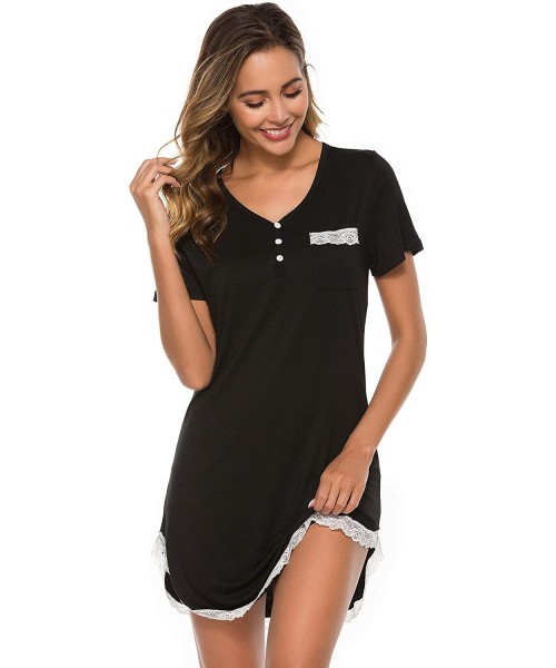 Nightgowns & Sleepshirts Women's Nightdress for Sleep- Lace Trim Nightshirt V Neck Soft Sleepwear - A Style-black - C2193ORTLKK