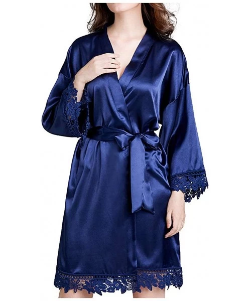 Camisoles & Tanks Womens Pajamas Bathrobes Soft Comfortable Lace Trim Satin Robe Sleepwear Nightwear with Belt - Blue - CI198...