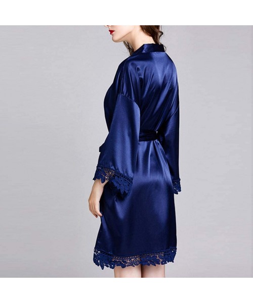 Camisoles & Tanks Womens Pajamas Bathrobes Soft Comfortable Lace Trim Satin Robe Sleepwear Nightwear with Belt - Blue - CI198...