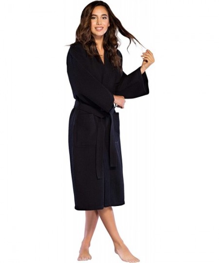 Robes Lightweight Long Waffle Kimono Spa Robe for Women - Black - C318HA4SYQ3