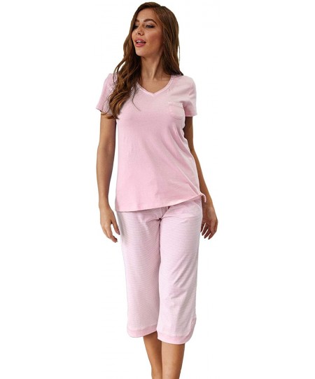 Sets Women's cotton capri pajama sets plus size ladies short sleeve sleepwear with pocket soft pjs - Pink - CO1974CIE94