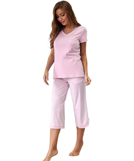 Sets Women's cotton capri pajama sets plus size ladies short sleeve sleepwear with pocket soft pjs - Pink - CO1974CIE94