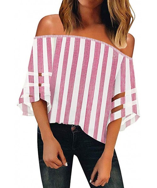 Tops Blouse Long Sleeve Shirt- Women Summer Stripe Prints O Neck Mesh Panel Blouse 3/4 Bell Sleeve Top Shirt - A-pink - CH18Y...