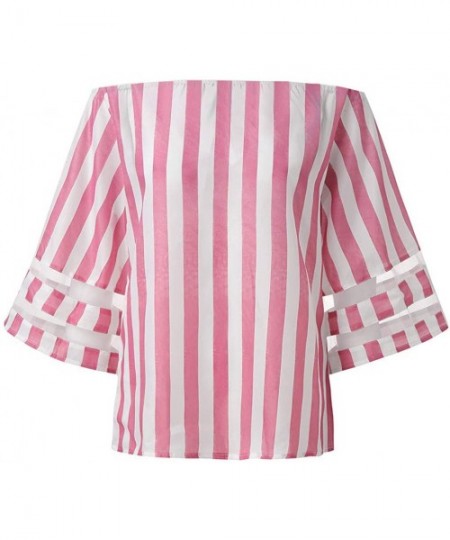 Tops Blouse Long Sleeve Shirt- Women Summer Stripe Prints O Neck Mesh Panel Blouse 3/4 Bell Sleeve Top Shirt - A-pink - CH18Y...