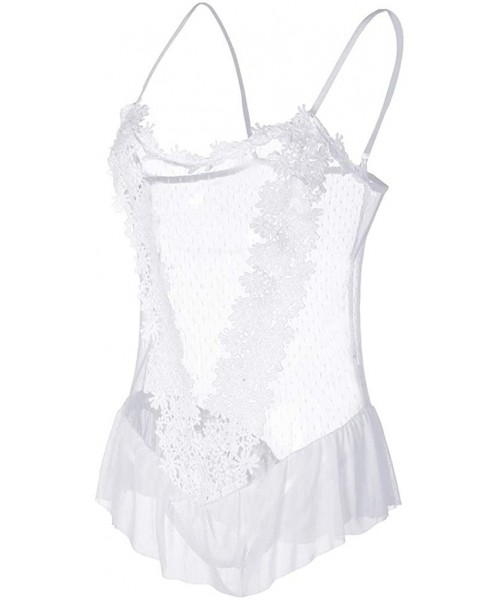 Slips Sexy One Piece Lingerie for Women Fashion Polka Dot Lace Teddy Babydoll with Ruffle Trim Mesh Mini Bodysuit - White - C...