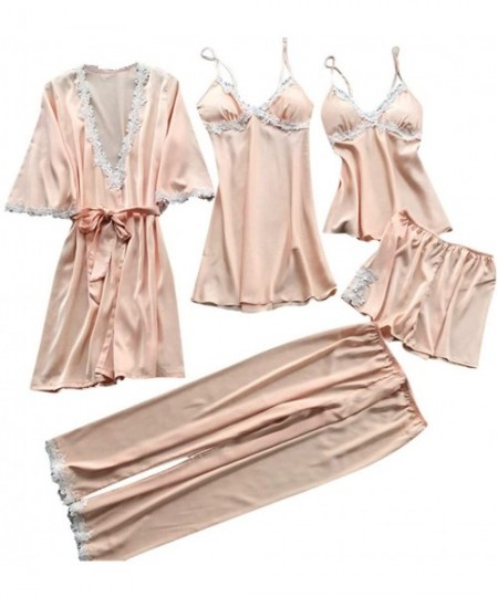 Sets 5pcs Pajamas Set Satin Kimono Robe Babydoll Lingerie V Neck Floral Lace Camisole Loose Shorts Lounge Long Pants Soft Com...