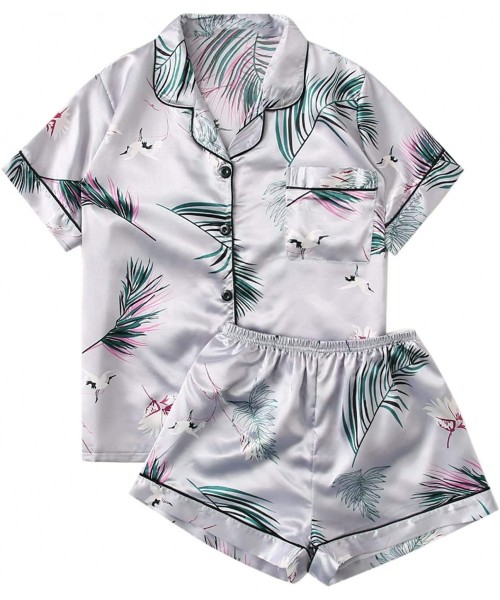 Sets Women's Notch Collar Palm Leaf Print Sleepwear Two Piece Pajama Set - Grey Tropical - CX197KWIEI3