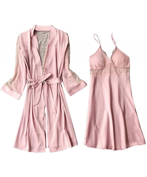 Sets Womens Sexy Satin Pajamas Set 2pcs Nightgown with Robe Dress Silk Babydoll Sleepwear Nightdress Pajamas Set - A-pink (2 ...