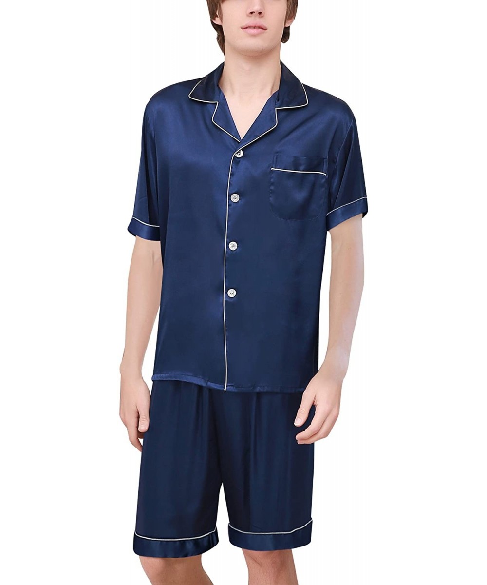 Sleep Sets Mens Luxury Polyester Pajamas Short Button-Down Breathable Silk Sleepwear PJ Set - Blue - CI18DMXSDM4