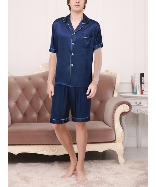 Sleep Sets Mens Luxury Polyester Pajamas Short Button-Down Breathable Silk Sleepwear PJ Set - Blue - CI18DMXSDM4