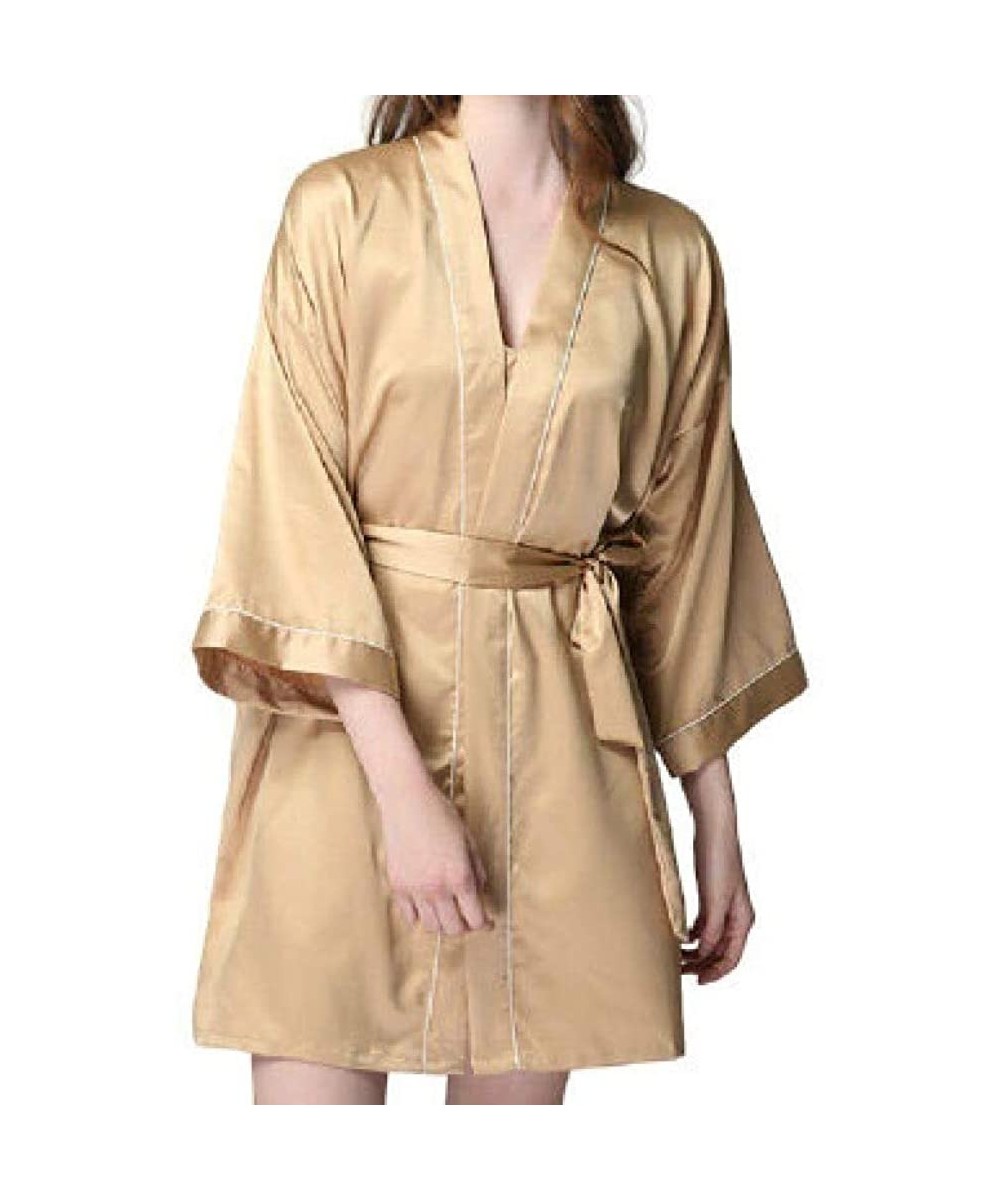 Tops Womens Mid-Length Regular Fit Satin Pure Color with Belt Pjs Sleepwear - Pattern10 - CW19875XCZA