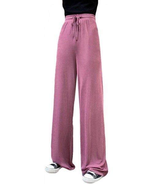Bottoms Women's Solid Summer Drawstring Loose Fit Lightweight Wide Leg Palazzo Lounge Pants - Rose Red - CO19E3XS97G