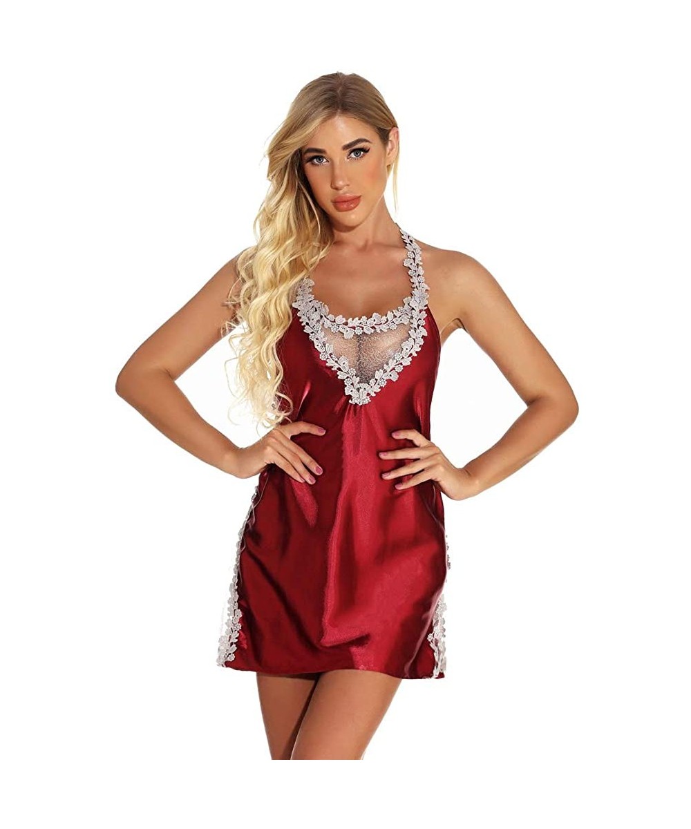 Baby Dolls & Chemises Lingerie for Women Sexy Babydoll Lace Chemise V Neck Sleepwear - Red - CT19CZELR9M
