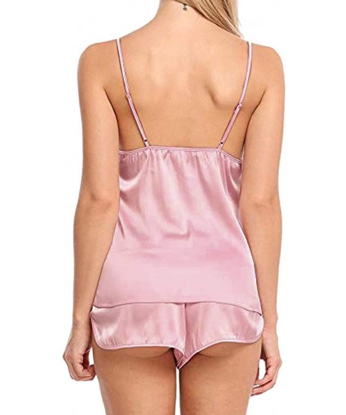 Nightgowns & Sleepshirts Women Sexy-Lingerie Sleepwear Satin Silk Babydoll Lace Up Nightwear Pajamas Set - Pink - C5196SEAMMO