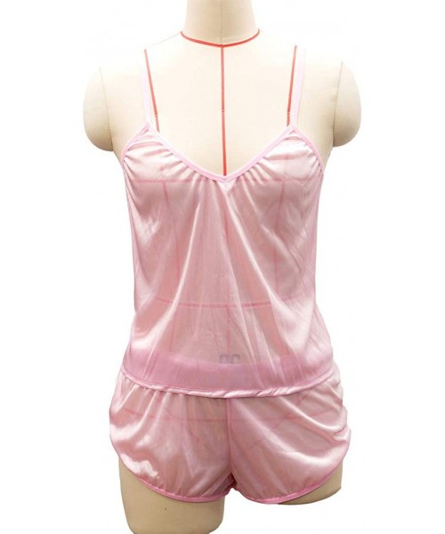 Nightgowns & Sleepshirts Women Sexy-Lingerie Sleepwear Satin Silk Babydoll Lace Up Nightwear Pajamas Set - Pink - C5196SEAMMO