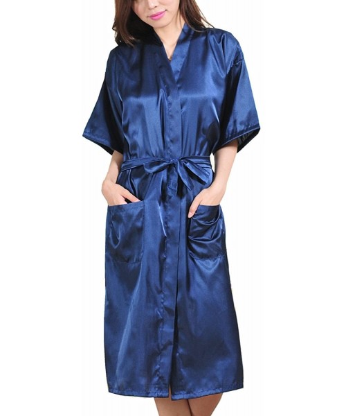 Robes Women's Satin Sleep Robe Dressing Kimono Gown- Bathrobe for Women Long Style - Royal Blue - CG1848ZQ7TQ