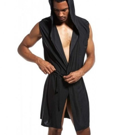 Robes Men's Nightwear Pajamas Hooded Open Front Kimono Robes Bathrobe - Black - C518TYSIH7O