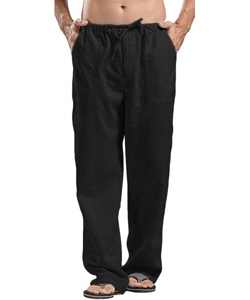 Sleep Bottoms Men's Linen Pants Casual Elastic Waist Drawstring Yoga Beach Trousers - 1 - Black - C118WH6XND5